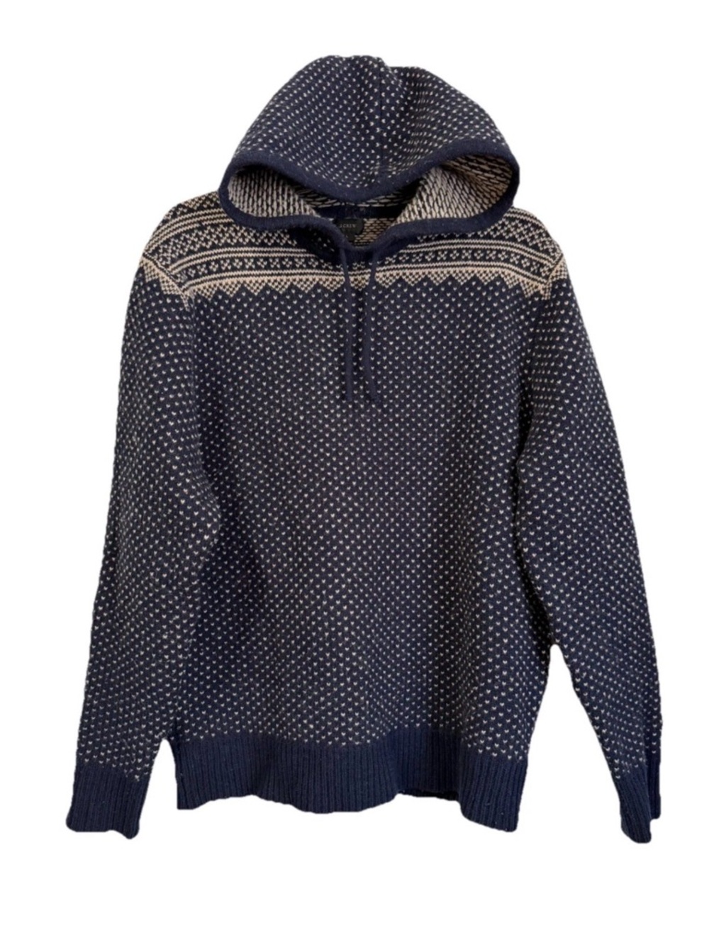 Rare J. Crew Navy and White Fair Isle Crewneck Hoodie Sweater 100% Wool